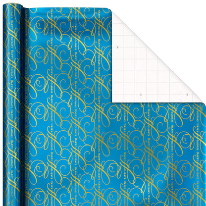 Hallmark Christmas Wrapping Paper Rolls, Metallic Foil Holiday Gift Wrap (Pack of 3: 60 sq. ft. ttl) Elegant Navy Blue and Gold for Christmas, Hanukkah, Weddings, Graduations