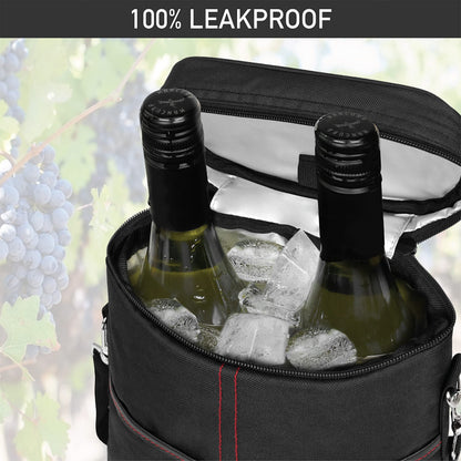 opux 2 Bottle Wine Carrier Tote, Insulated Leakproof Wine Cooler Bag, Wine Travel Bag Tote for Picnic BYOB Beach, Portable Wine Bottle Carrying Case, Gift for Wine Lover Women Men Christmas, Black