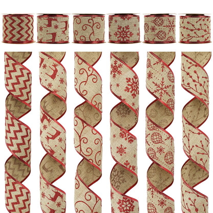 MEEDEE Christmas Ribbon Set - Wired Burlap 2.5 Inch 6 Rolls 36 Yards Red Glitter for Tree Garland, Wreaths, Tree Topper, Bow Making