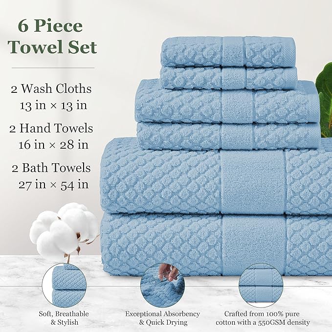 Simple&Opulence 6 Piece Luxury Towel Set, 100% Cotton Bathroom Towels