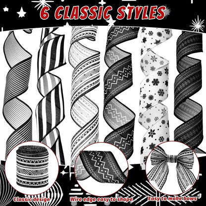 Suncalla 6 Roll 30 Yards Black and White Ribbon Wired 2.5 Inch Boho Stripes Wired Ribbon for Wedding Gift Wrapping Wreaths DIY Hair Bows Decor Crafts