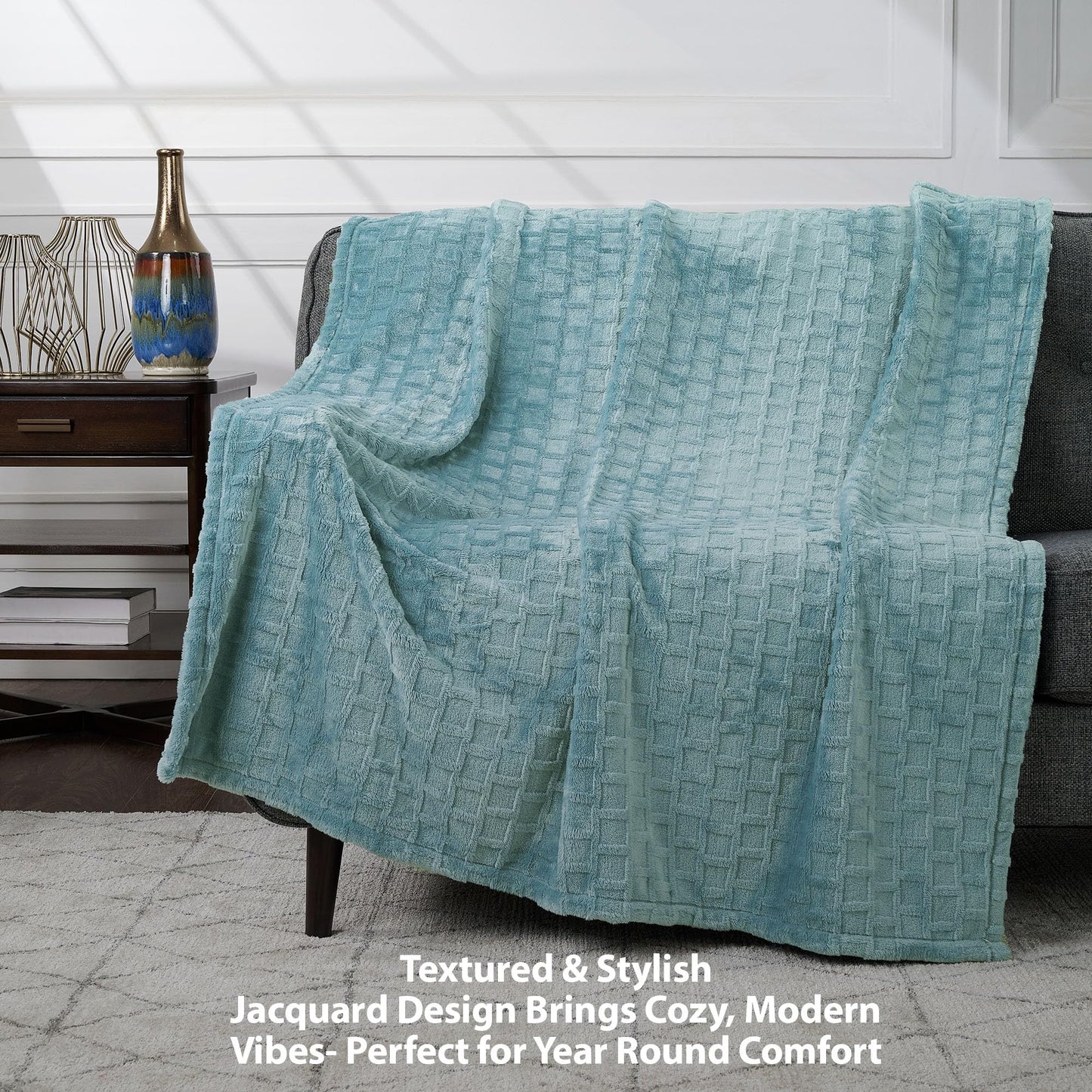 CBCHome Velvet Plush Jacquard Tile Throw Blanket for Couch - Buttery Soft, Cozy Throw, for Women (Aqua, 50" x 60")