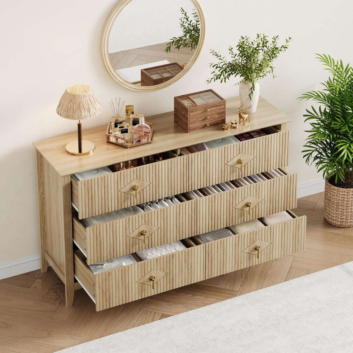 GarveeHome Fluted Dresser for Bedroom, 54 Inch Wide 6-Drawer Wood Dresser, Modern Chest of Drawers, Storage Organizer Cabinet for Living Room, Hallway, Entryway, Natural Oak