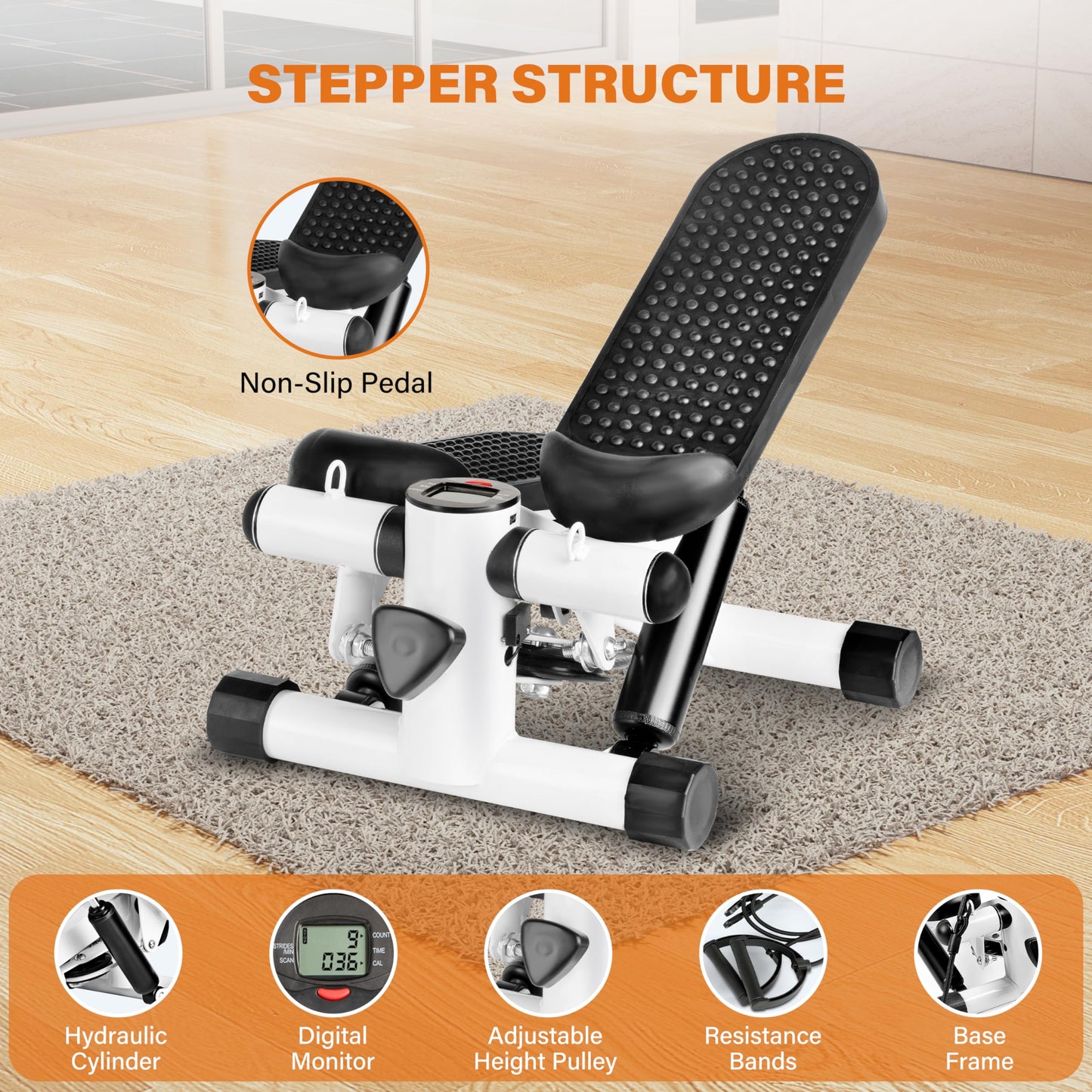 YSSOA Mini Stair Steppers, Steppers for Exercise at Home, Mini Stepper with Resistance Bands, Cardio Stepping Machine with LCD Monitor, Twist Workout Equipment for Full Body Exercise