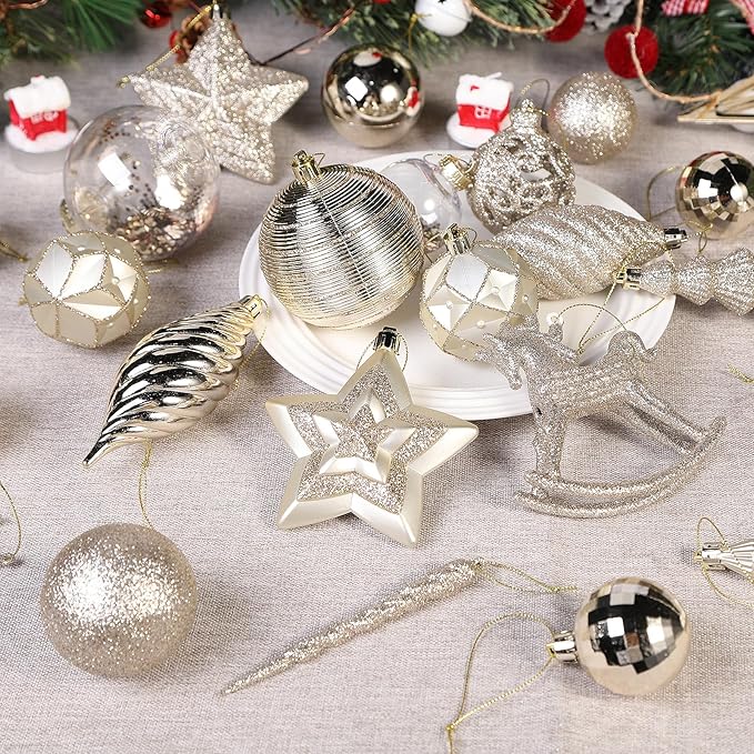 SHareconn 100pcs Christmas Tree Decorations Ornaments Set, Shatterproof Plastic Baubles Decorative Balls for Xmas Tree Decor Holiday Wedding Party, ChampagneGold