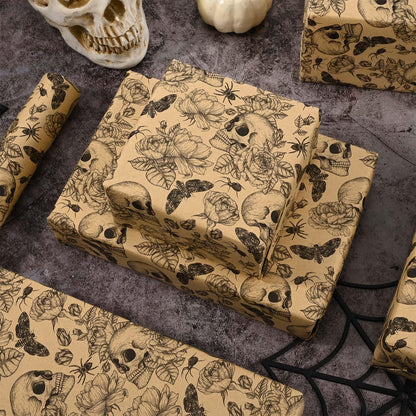 Bolsome Kraft Skull Wrapping Paper Goth Rose Skull Patterned Gift Wrap Paper Roll for Halloween Party Baby Shower Birthday Party Packaging Supplies, 17 Inches × 33Ft