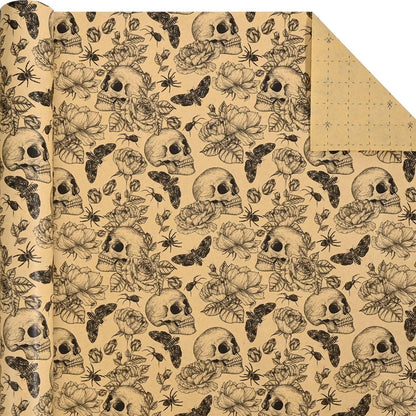 Bolsome Kraft Skull Wrapping Paper Goth Rose Skull Patterned Gift Wrap Paper Roll for Halloween Party Baby Shower Birthday Party Packaging Supplies, 17 Inches × 33Ft
