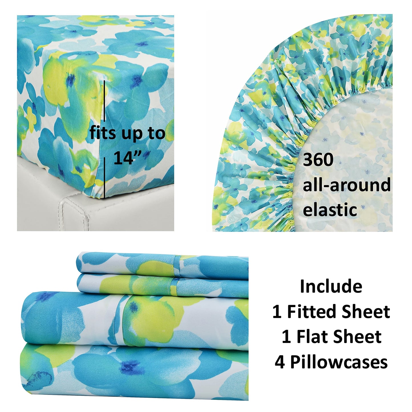 American Home Collection Ultra-Soft Microfiber Sheet Set - Double Brushed - Wrinkle and Stain Resistance - Fit 14 inches Deep Pocket - 6 Pieces Set (Full, Blue & Green Floral)