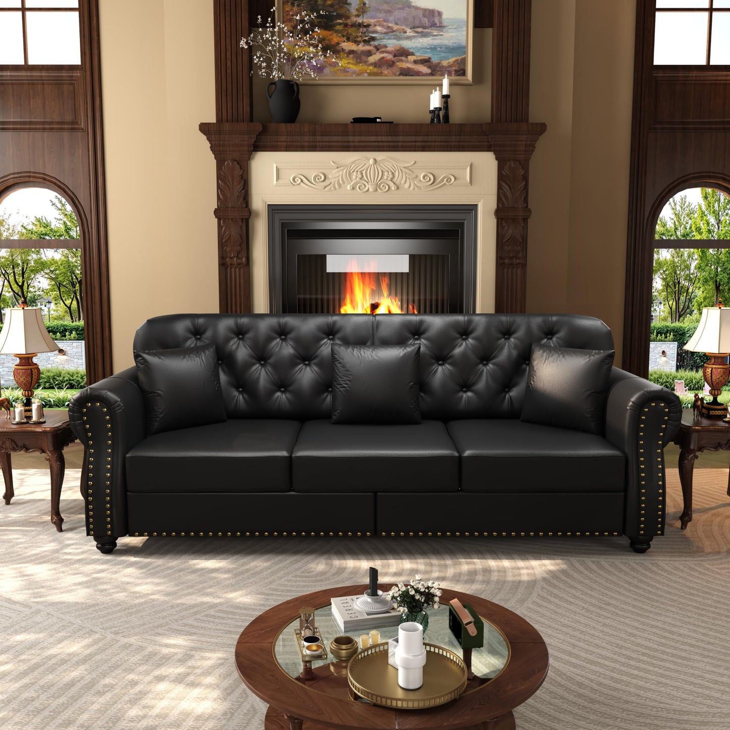 KEIKI 2-Piece Chesterfield Sofa Set with 1 Faux Leather 3-Seater Sofa & 1 Loveseat Sofa, Upholstered 5-Seater Couch Set with Nailhead Trim & Rolled Arms & 1 Ottoman & 5 Pillow, for Living Room, Black