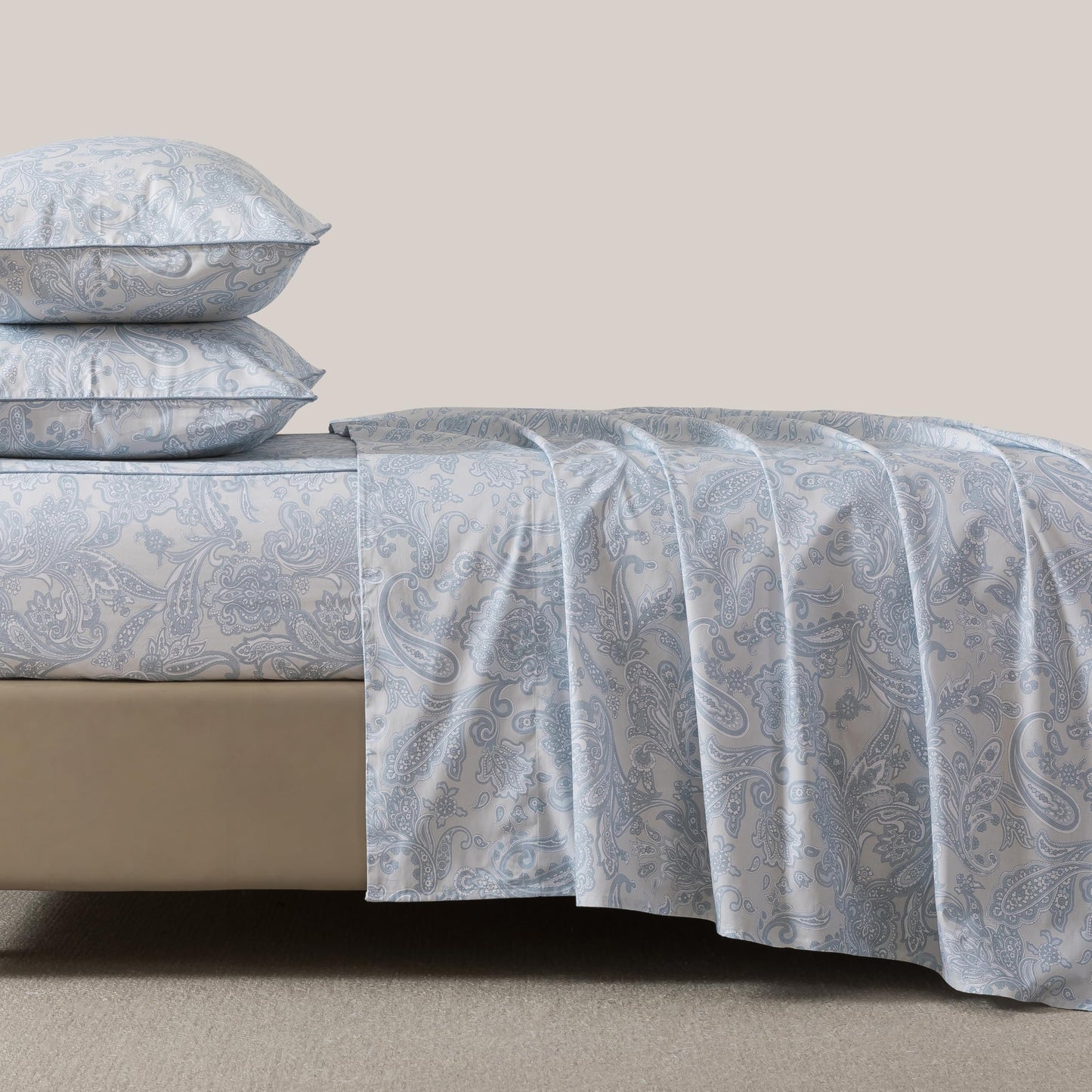 FADFAY Sheets Set Full 100% Cotton, 4-Piece Shabby Paisley Floral Bedding Light Blue Boho Paisley Bed Sheet Set, Vintage Farmhouse Bedding Soft & Breathable Deep Pocket Fitted Sheet for All Seasons