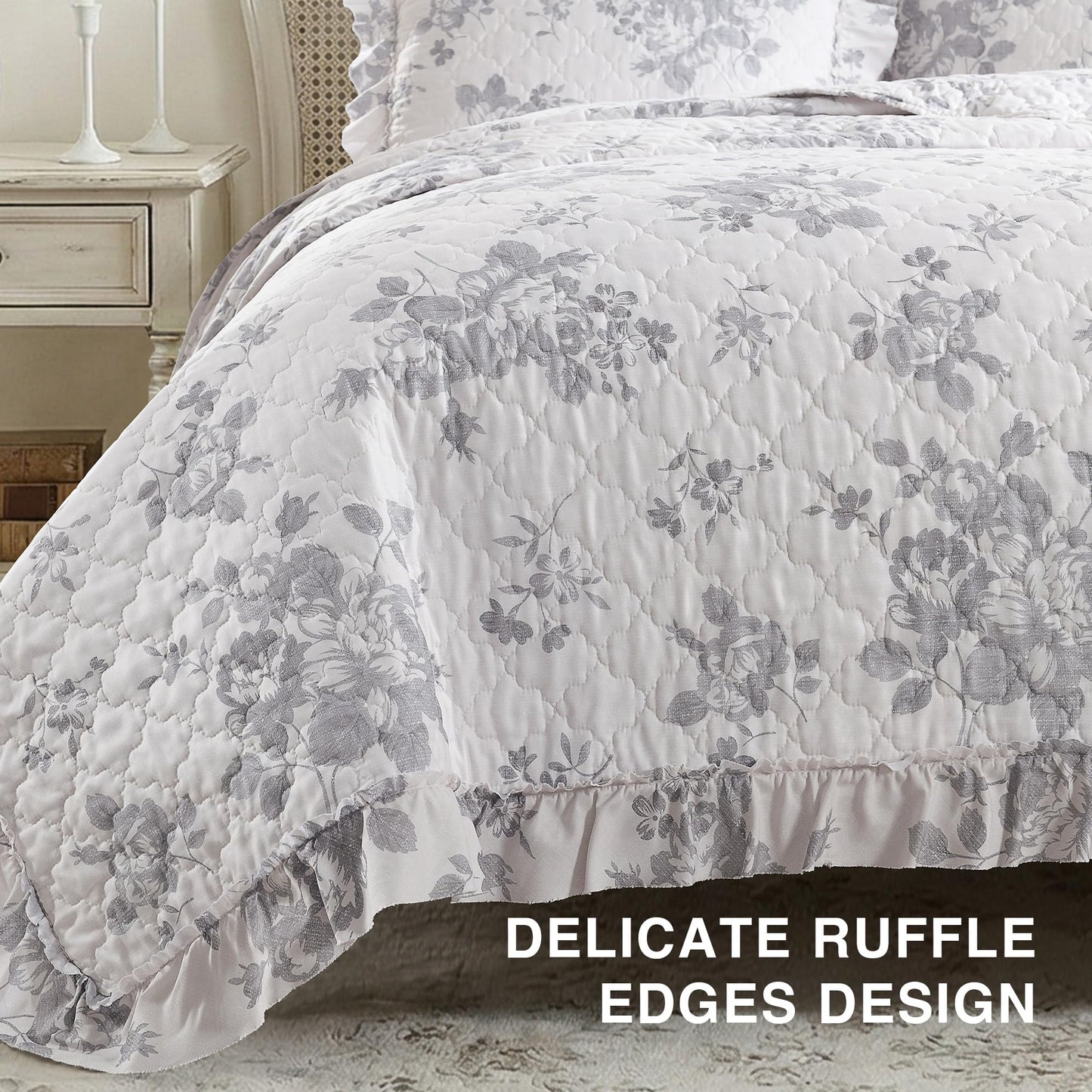 HORIMOTE HOME Greyish Blue Ruffled Quilt King Size with 2 Pillow Shams, Shabby Chic Reversible Floral Bedspread Coverlet, Soft Lightweight Comforter Bed Cover for All Season, 3 Pieces, 106x96 inches