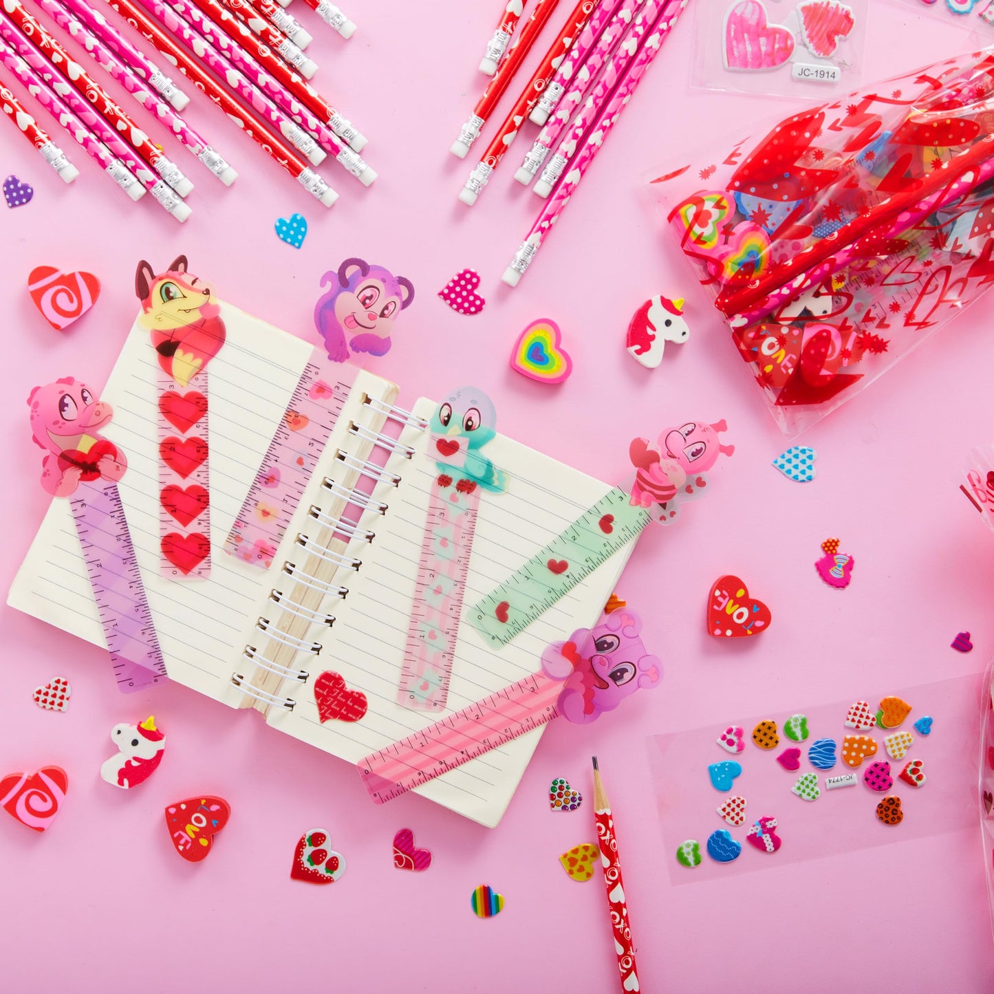 JOYIN 24packs Valentines Day Stationery Gifts, 96pcs Party Favor with Pencil, Erasers, Notebook & Bags for Kids School Classroom Exchange Supplies