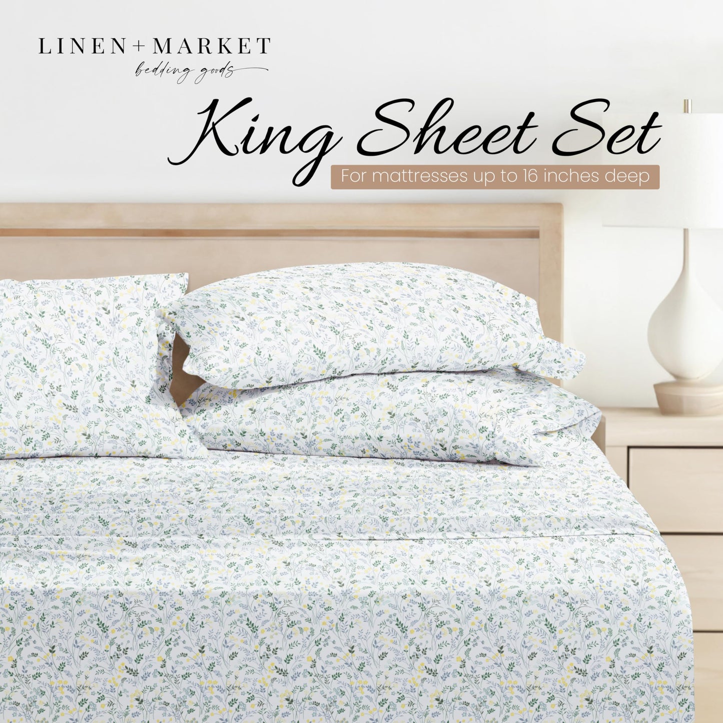 Linen Market Patterned Microfiber King Sheet Set 4 Piece – Oeko-TEX Certified Ultra Soft & Wrinkle-Free - 16" Deep Pocket Sheets - Easy Care King Size - Wildflower Light Blue