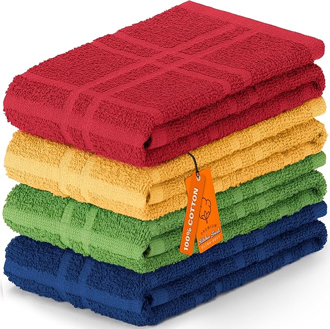 DecorRack Large Kitchen Towels, 100% Cotton Hand Towels, Plaid Pattern Cleaning