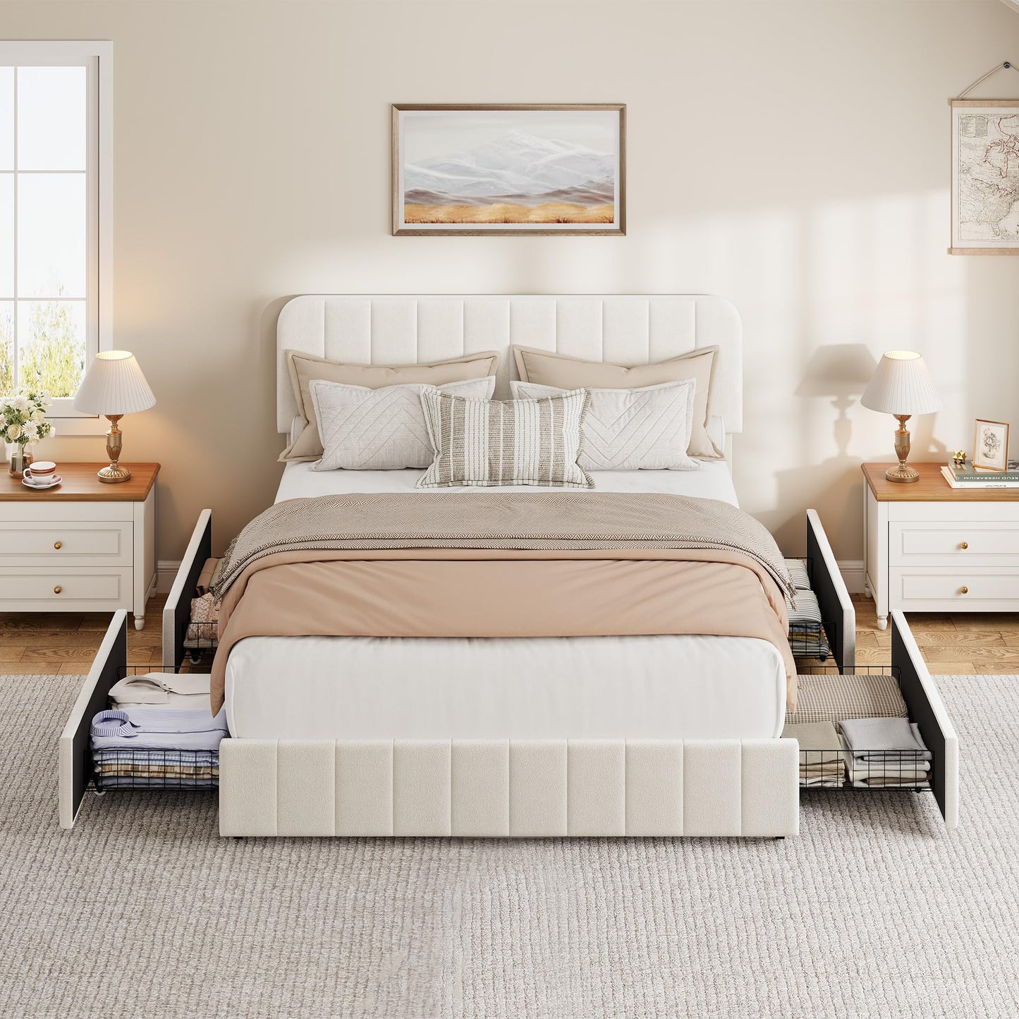 Garvee Queen Size Velvet Bed Frame with 4 Storage Drawers, Upholstered Platform Bed with Vertical Channel Tufted Adjustable Headboard, No Box Spring Needed, Easy Assembly, Beige