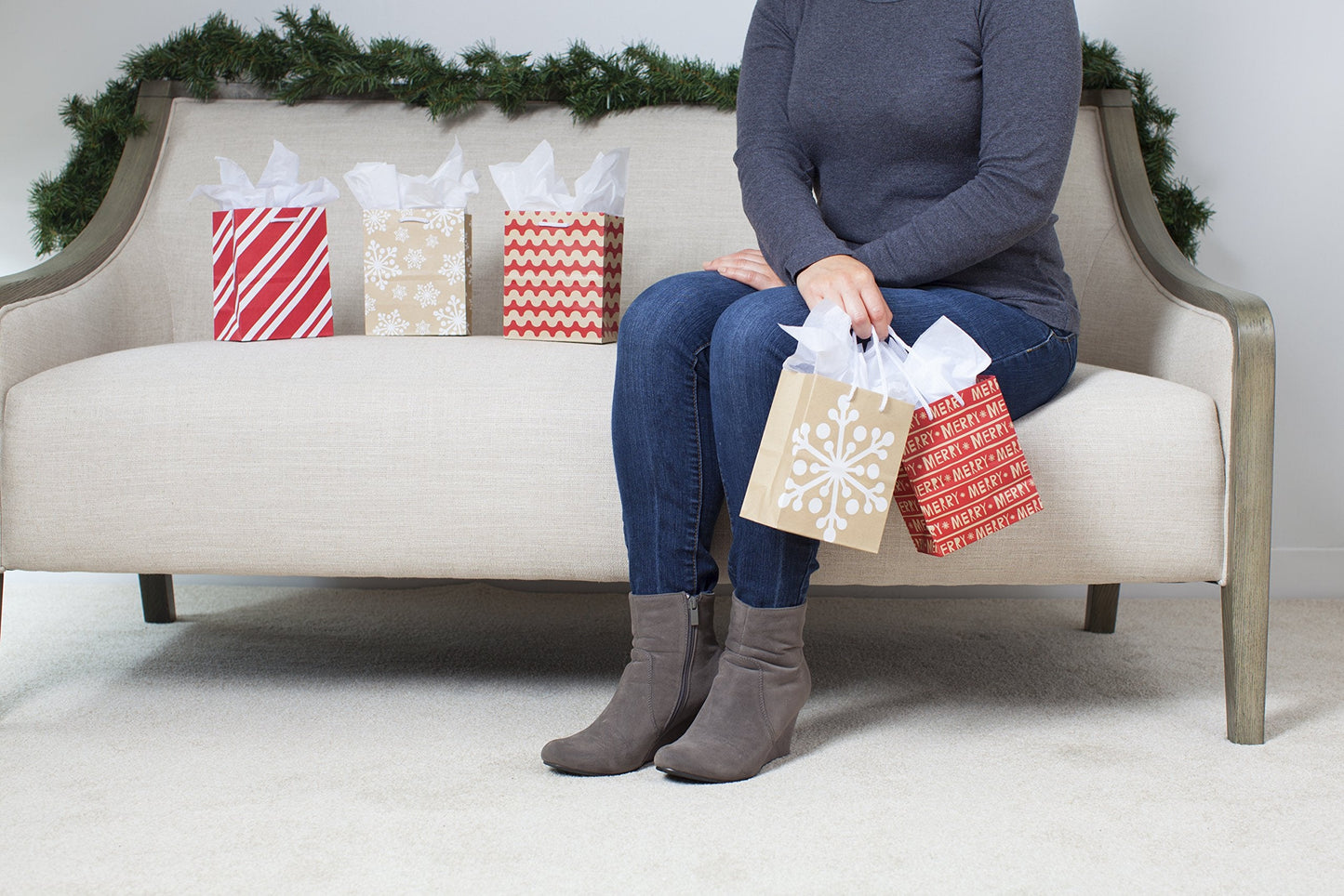 Hallmark 6" Small Holiday Gift Bag Set (Pack of 5; Red, White and Kraft) Snowflakes, Stripes, Merry (5XGB1798)