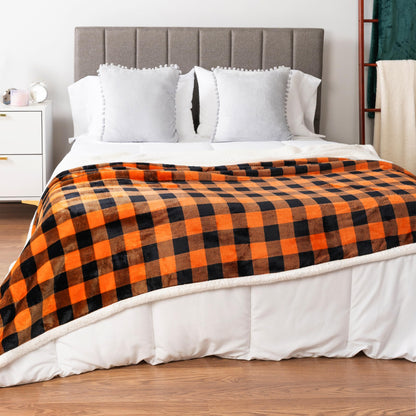 PAVILIA Black Orange Buffalo Plaid Sherpa Throw Blanket for Couch Twin, Soft Fuzzy Flannel Blanket for Bed, Plush Halloween Checkered Fleece Blanket and Throws, Warm Thick Winter Blanket Gift, 60x80