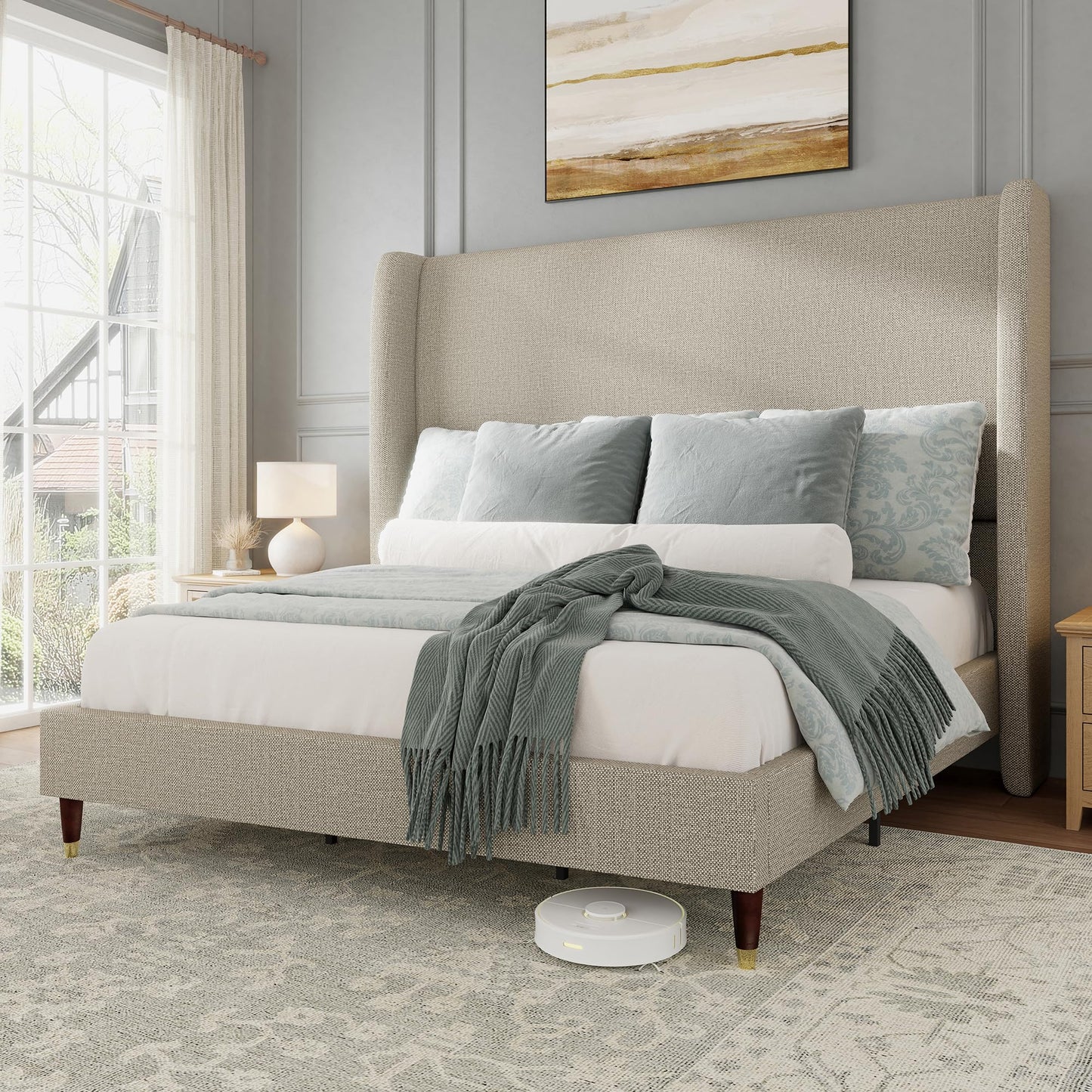 Jocisland King Size Bed Frame 51.2" Wingback Headboard Linen Upholstered Platform Bed,Solid Wood Legs & Wooden Slats,No Box Spring Needed,Noise-Free,for Family Master Suite Cozy Home,Brown