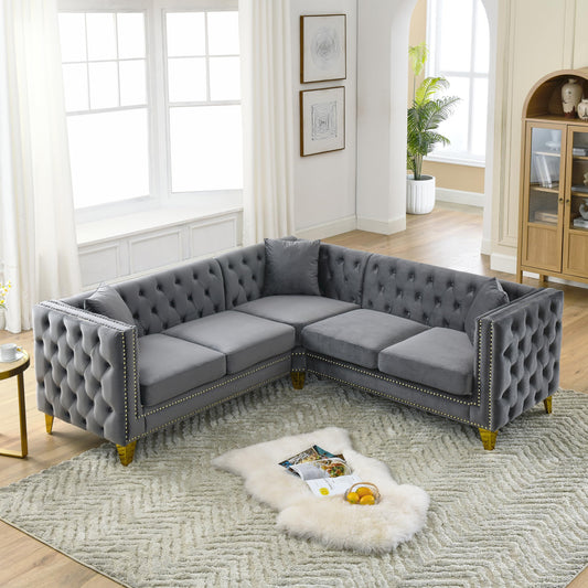 KEIKI 82.2" Tufted Velvet Corner Sofa, 5 Seat L-Shaped Sectional Couch for Living Room, Buttons Tufted Square Arm Couch for Home Apartment, Gray