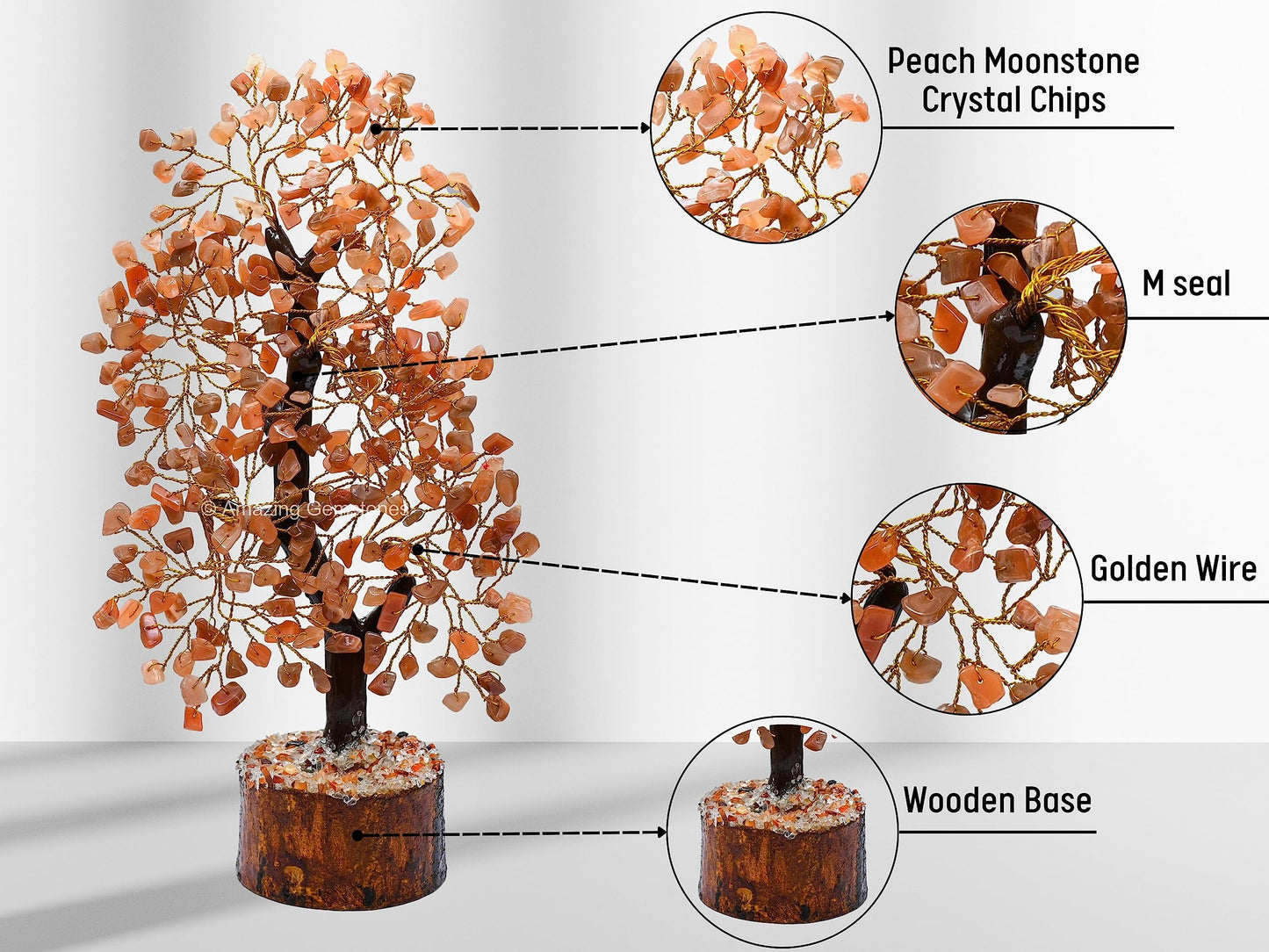 Peach Moonstone Natural Healing Premium Crystal Bonsai Feng Shui Fortune Money Tree of Life for Home Office Decor (Gift Box Ready,10-12 Inch)