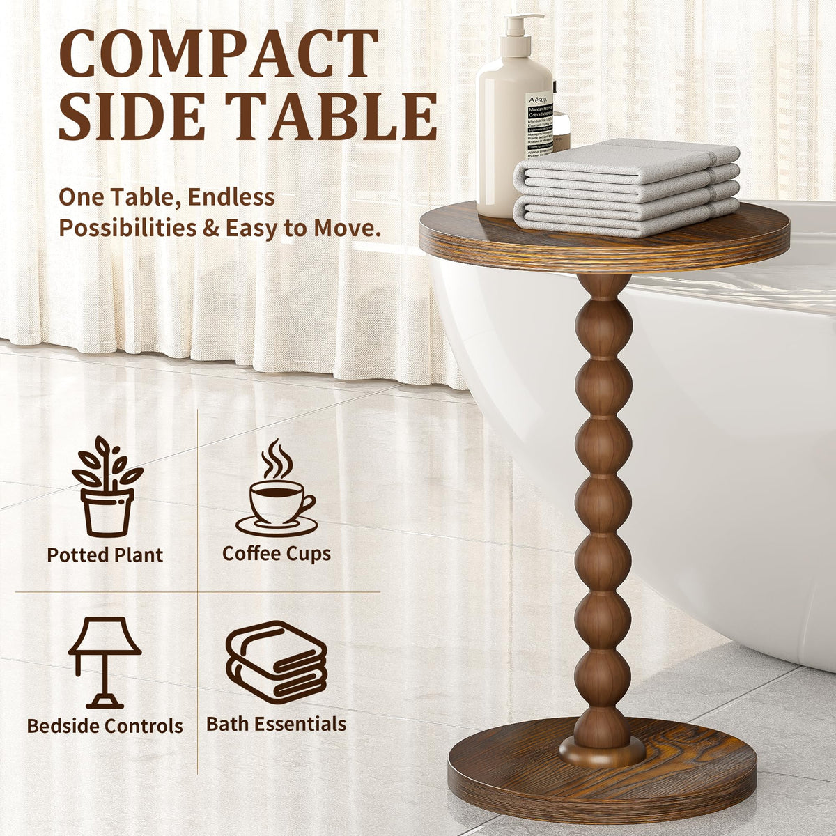 TEROL Round Side Table, Drink Table for Small Spaces, Modern Accent Nightstand with Rubberwood Leg for Living Room, Bedroom, Corners, and Office (Brown)