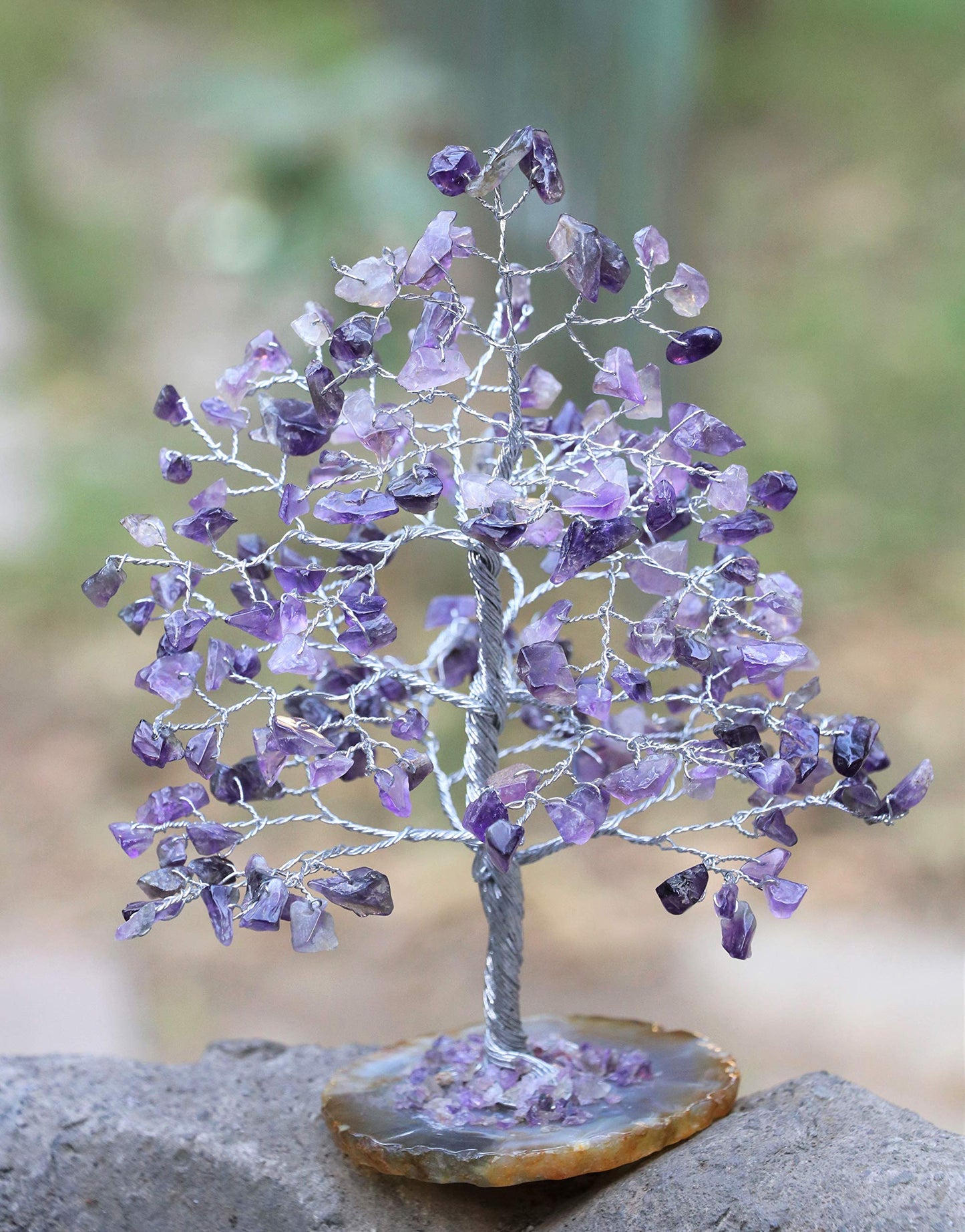 Crocon® Amethyst Gemstone Money Tree Agate Slice Base Gifts for Women Men Family Feng Shui Figurine Reiki Healing Crystals Chakra Balancing Good Luck Ornament Sculpture Mystical Home Decoration, 7"