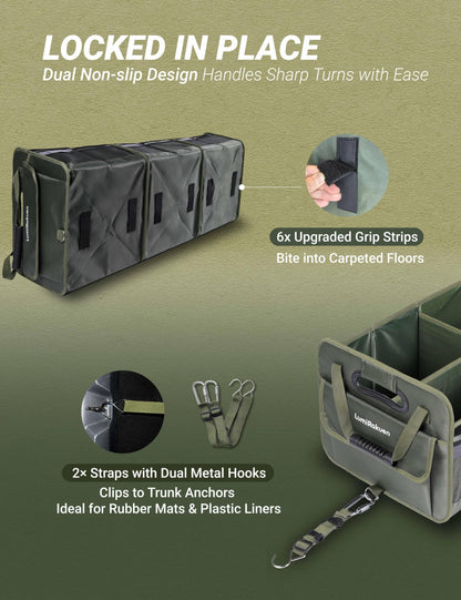 LumiRakuen Heavy Duty Trunk Organizer with Lid for Car SUV-1680D Water-Resistant Fabric &3.5mm PP Skeleton,Collapsible Cargo Storage Box with No Sliding Metal Hooks,Fits Tesla,Truck,Sedan (XL Green
