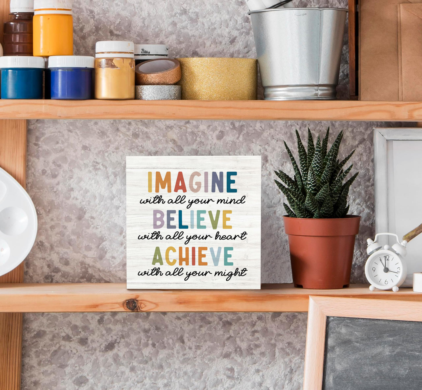 SRADMO Inspirational Wood Box Sign Desk Decor, Imagine Believe Achieve Motivational Theme Wooden Block Box Sign Decoration for Home Office Workplace Desk Shelf Table Decor