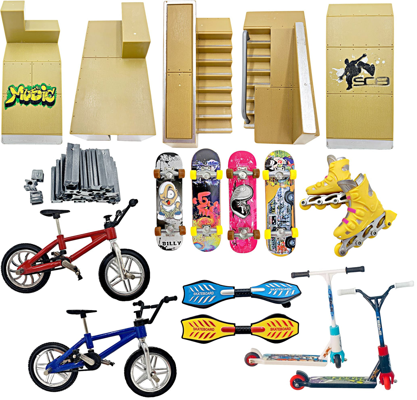 STASHABLES Finger Skateboard Ramp Set – Finger Skatepark Kit 16 Pieces – Skate Park Kit Including mini Skateboards, Ramps, Scooters, Skates, Bikes and Caster Boards – Fingerboard Skate Set