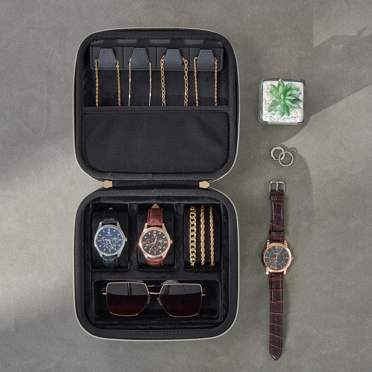 ProCase Mens Small Jewelry Storage Case, 3 Slots Travel Watch Accessories Carrying Box, Glasses Necklaces Rings Bracelets Zippered Organizer Bag for Male -Black