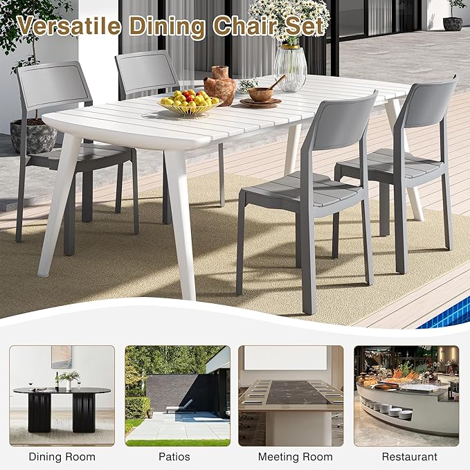 VECELO 4 Pack Stackable Dining Chairs, Plastic Patio Chairs for Indoor Outdoor Use in Kitchen, Poolside, No Assembly, Gray