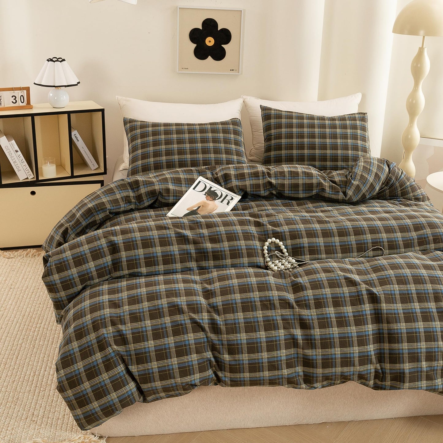 ECOCOTT Buffalo Plaid Duvet Cover Queen Size – 3 Piece Washed Cotton Brown & Blue Bedding Set, Soft & Breathable, Reversible Checkered Design with Zipper Closure & Corner Ties