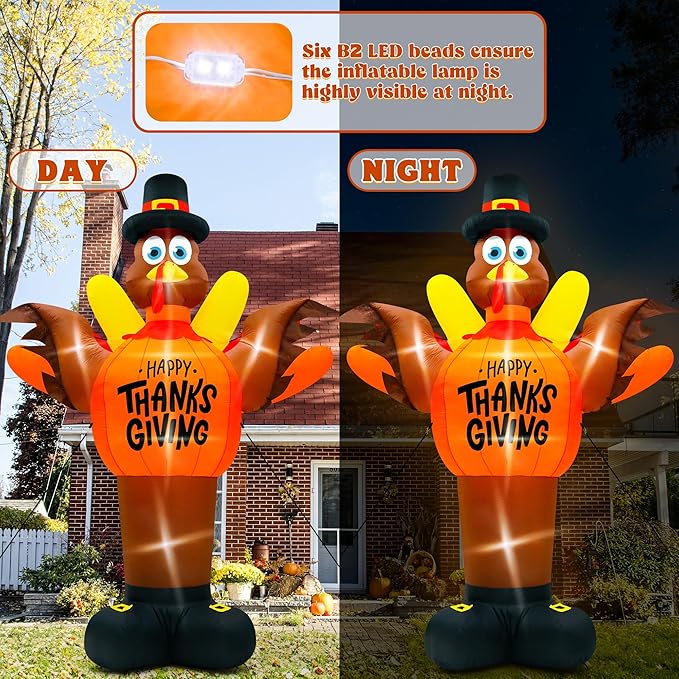 14FT Thanksgiving Turkey Inflatables, Extra Large Blow Up Thanksgiving Turkey Wearing Pumpkins, Pre-lit Happy Thanks Giving Outdoor Inflatable Decorations