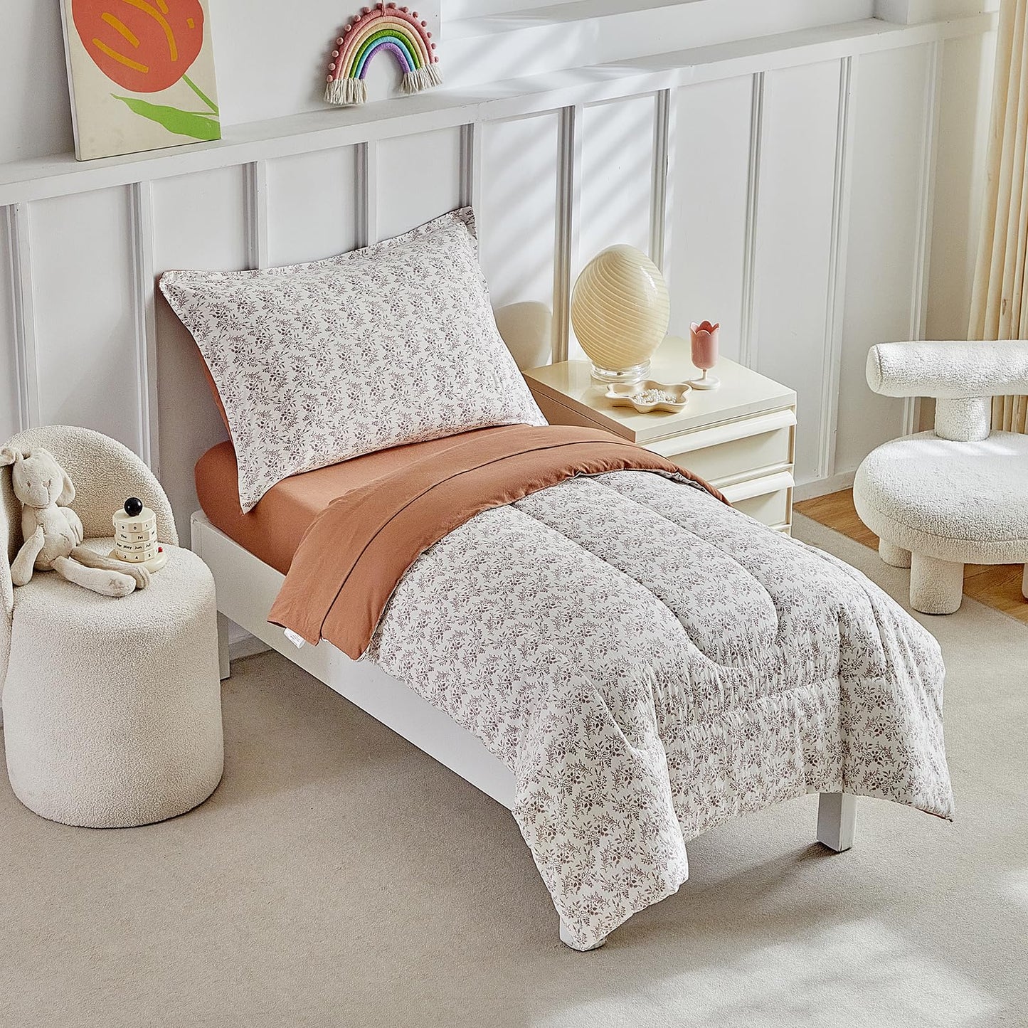 DuShow Toddler Bedding Set for Girls and Boys,4 Piece Bed-in-a-Bag Toddler Comforter Sets,Tan Leaf Crib Bedding Sheets Set,Include Quilt Comforter,Flat Sheet,Fitted Sheet,Pillowcase