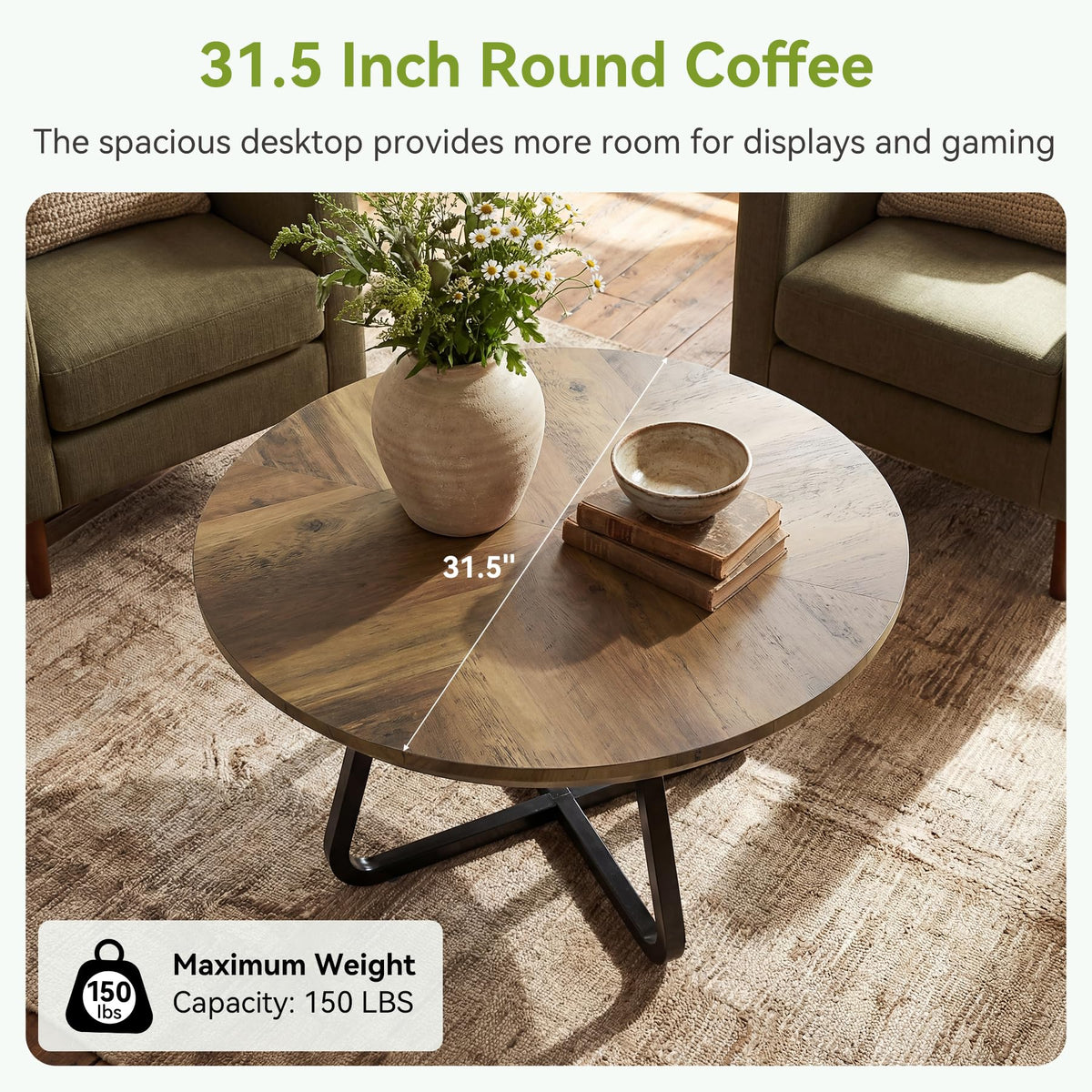 LITTLE TREE 31.5 Inches Round Coffee Table, Modern Wooden Center Table for Living Room, Home Office, Small Space, Easy Assembly, Rustic Brown
