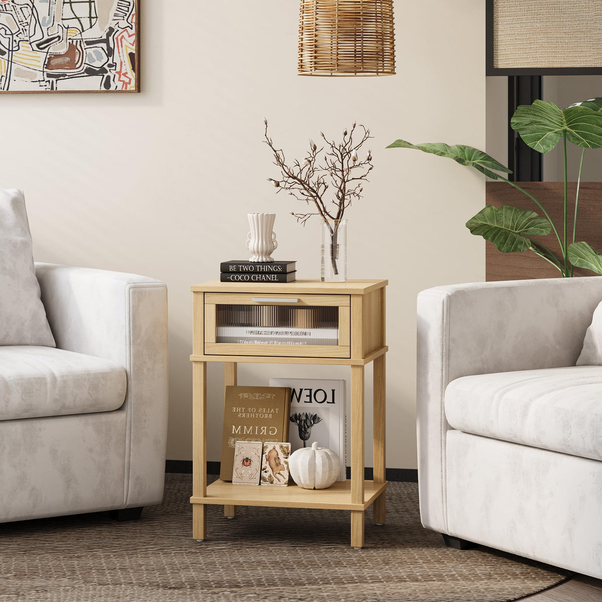 Nightstand Wooden Bedside Table with Drawer Natural Wood Night Stands Modern Style Small End Table Side Table with Storage Shelf for Bedroom Living Room MLBZ10YEV