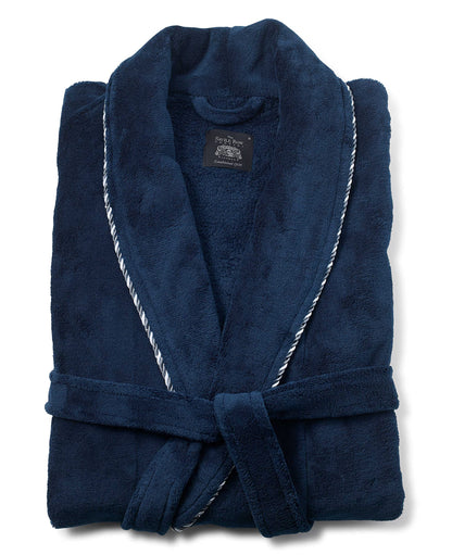 THE SAVILE ROW COMPANY LONDON Men's Lightweight Super Soft Warm Fleece Bath Robe Dressing Gown - Navy Rope Edge Plain - Large