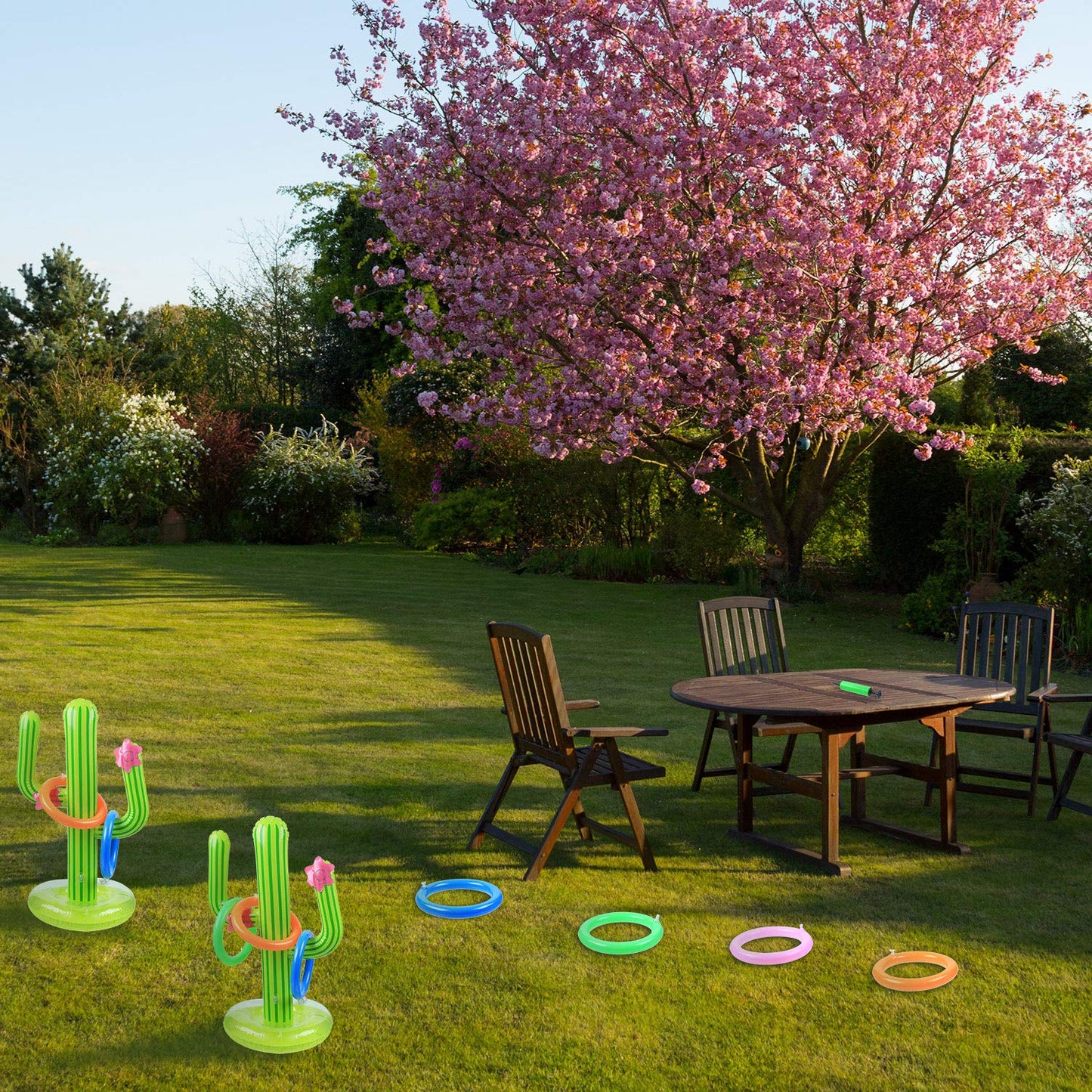 Gejoy 2 Pieces Inflatable Cactus Ring Toss Game Set Floating Swimming Ring Toss with 10 Pieces Inflatable Rings for Summer Hawaiian Pool Beach Luau Party Supplies