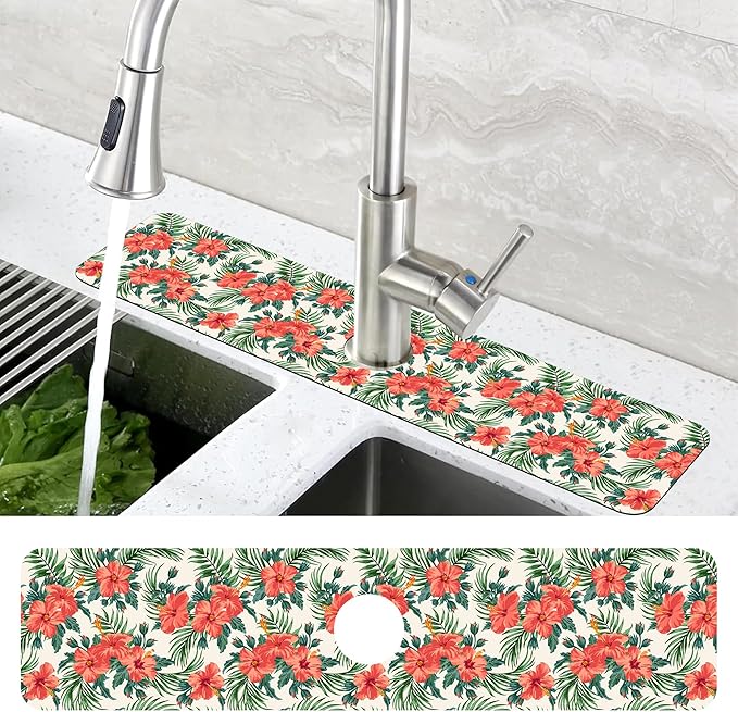 Tropical Leaves and Red Floral Kitchen Sink Splash Guard Mat Absorbent Fast