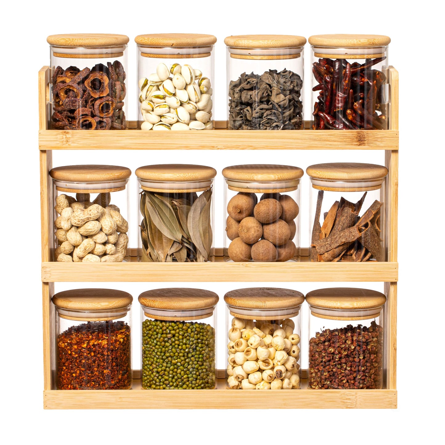 Basicwise Versatile 3-Tier Bamboo Spice Rack and Pantry Organizer with 12 Glass Jars – Perfect for Countertop Storage in Kitchens to Keep Seasoning Containers Neatly Displayed and Easily Accessible