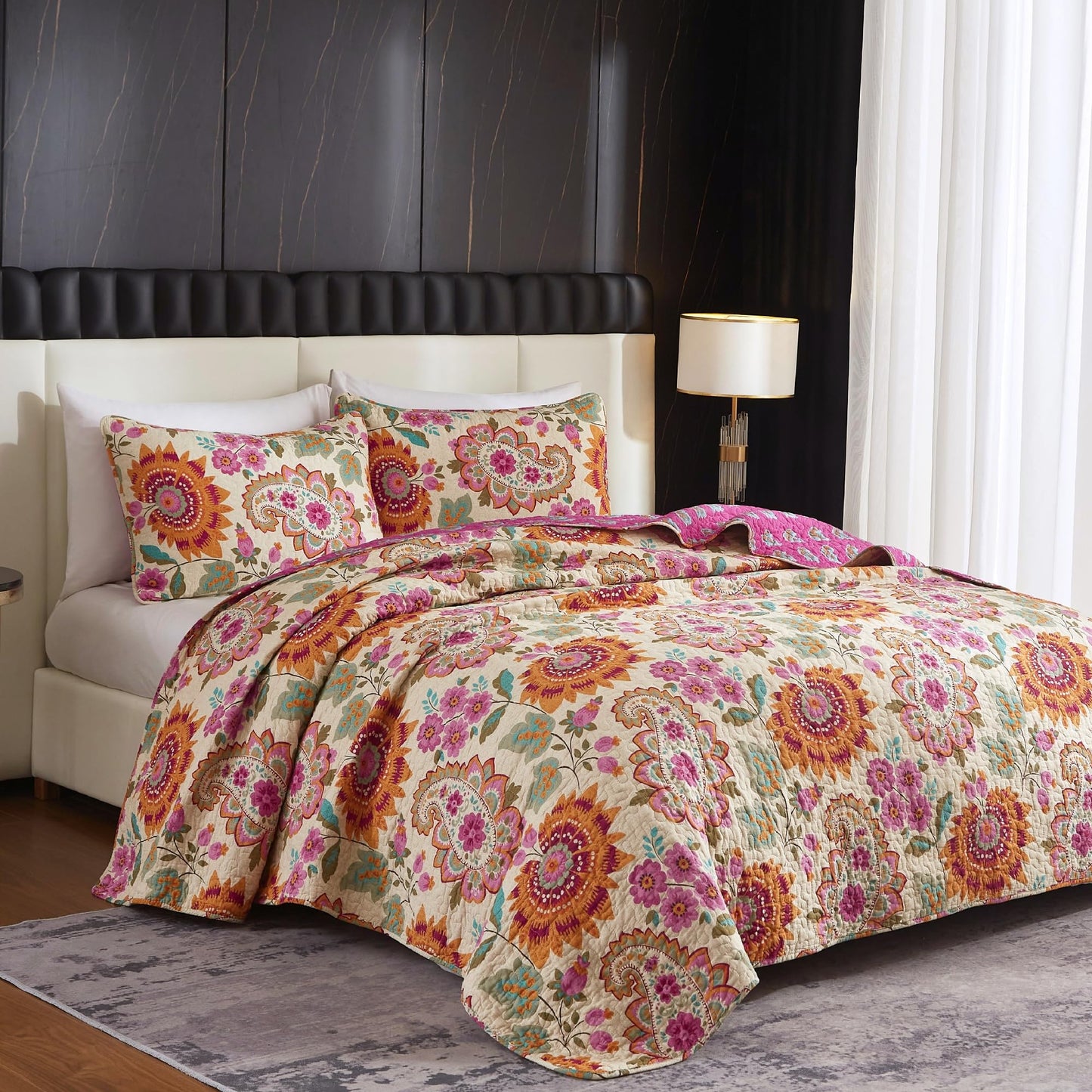 YASMENG 100% Cotton Boho Quilt Set Queen Size Vibrant Bohemian Paisley Coverlet
