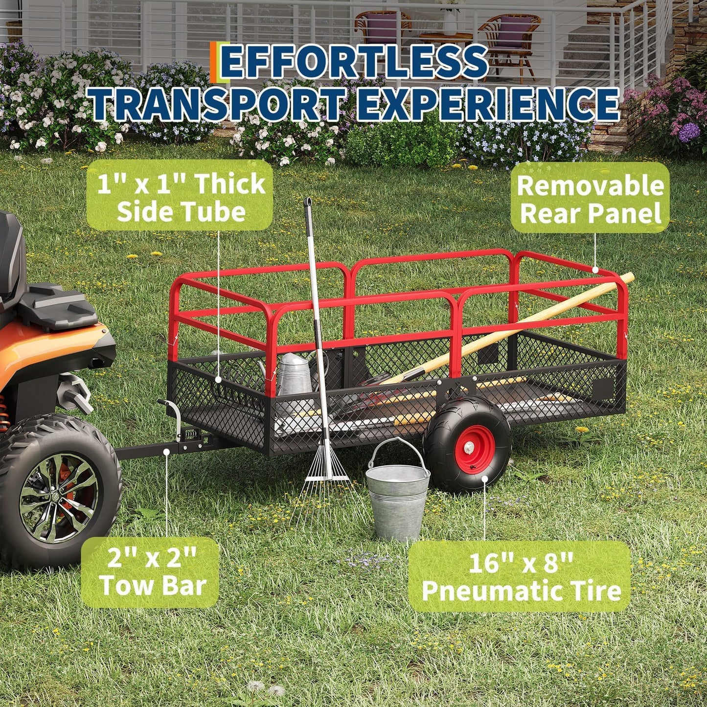 ATV UTV Trailer Tow Behind Dump Cart, 1600 lbs 22 Cubic Feet Heavy Duty Steel Dump Cart, Yard Garden Trailer Pull Behind with Removable Sides & All Terrain Tires, Fits Lawn Mower, Tractor, Garden