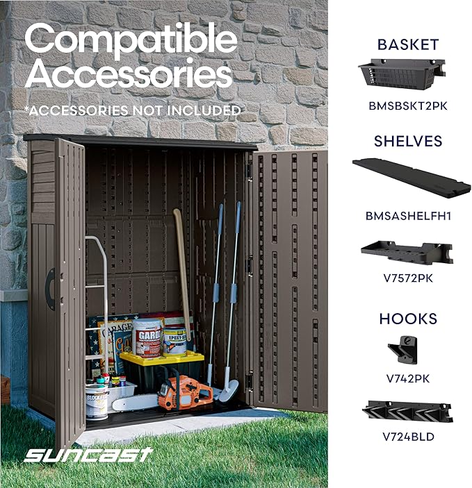 Suncast Outdoor Storage Cabinet Waterproof Resin Vertical Outdoor Storage Shed (54 cu. ft.) for Patio, Garden Tools, Cushions, & Equipment. Weatherproof Plastic Multi-Wall Design, Capacity Made in USA