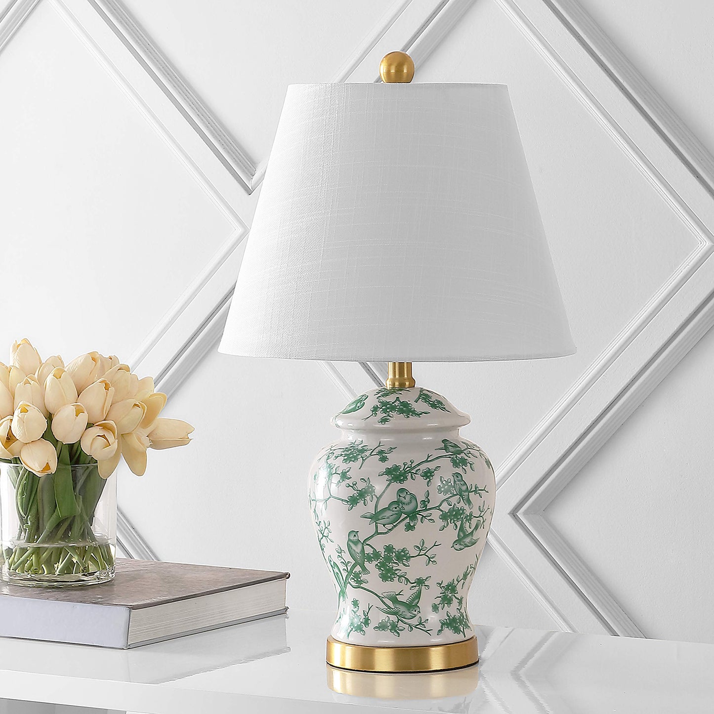 JONATHAN Y 22" White/Green Ceramic Table Lamp, French Country Chinoiserie Ginger Jar LED Bedside Lamp for Living Room Bedroom, White Linen Shade (JYL3005B)