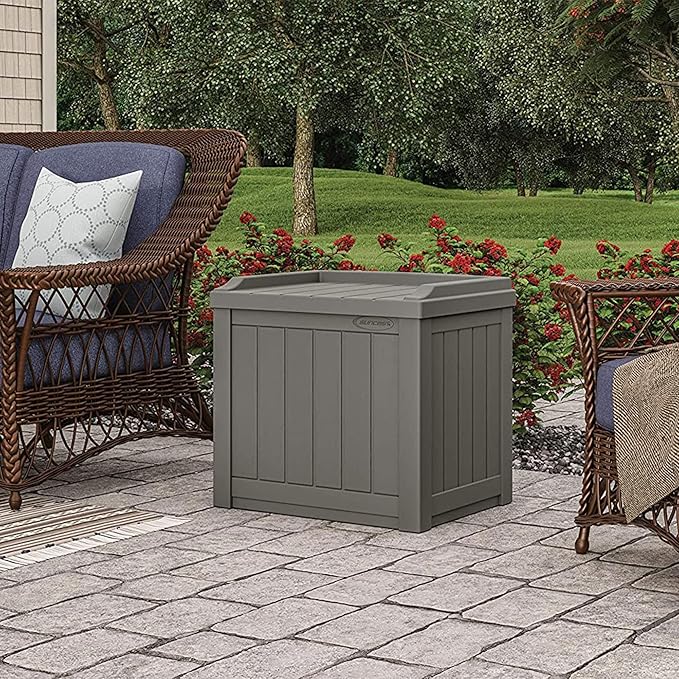 Suncast Outdoor Storage Box - 22 Gallon Stone Gray Resin Outdoor Deck Box with Seat, Weatherproof Patio Storage Bin Container for Keeping Cushions, Tools, & Towels for Pool, Yard, & Garden