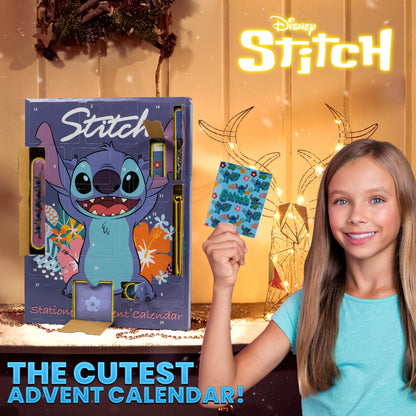 Disney Stitch Advent Calendar 2025 Stationery and Accessories Christmas Countdown Calendar with Necklace Keyring Pen Snap Bracelets Stamps (Blue Stitch Stationery)