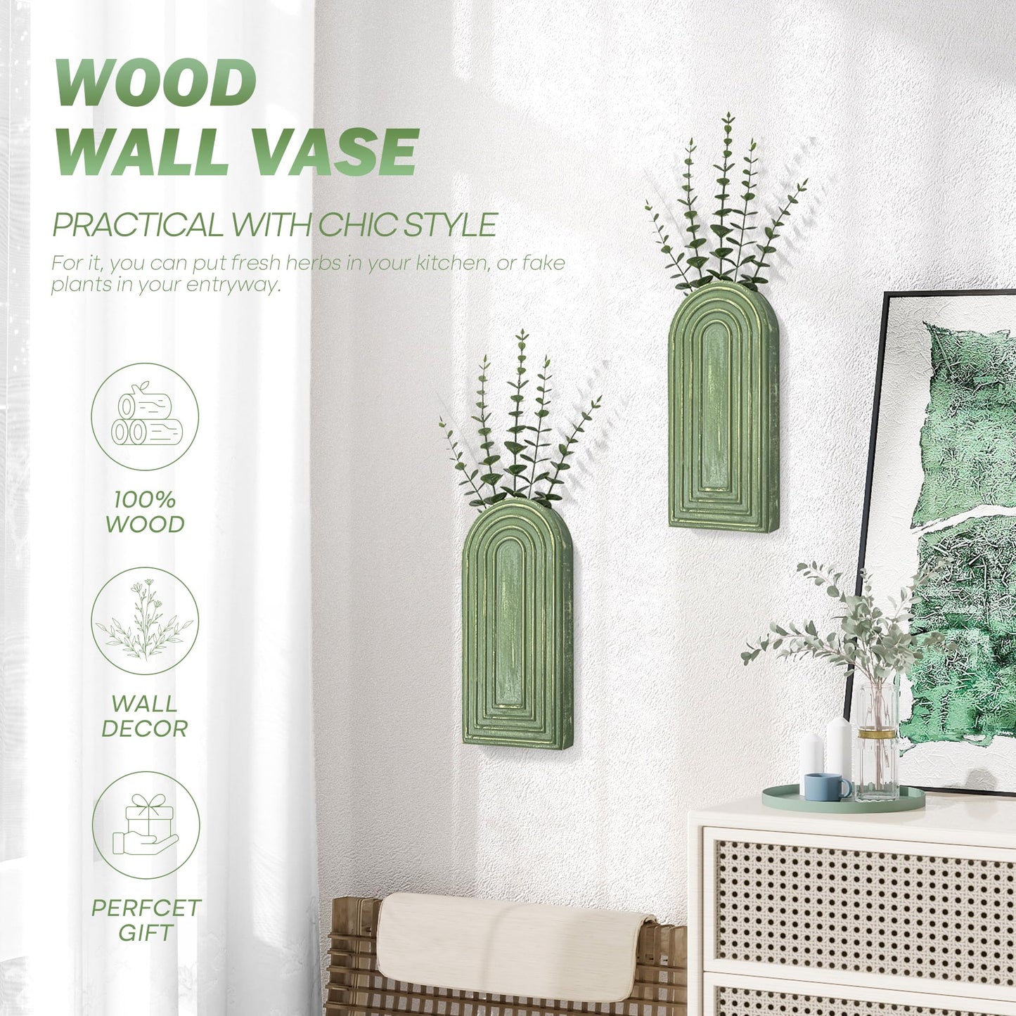 EOSAHR Pine Wood Wall Vases Set of 2 – Decorative Hanging Vases for Indoor Plants, Eucalyptus & Artificial Flowers – Best Boho Chic Decor Wall Art for Bathroom, Bedroom & Living Room (Green)