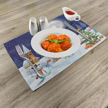 Ambesonne Christmas Place Mats Set of 4, Winter Season Snowman Xmas Tree Santa Sleigh Moon Present Boxes Snow and Stars, Washable Fabric Placemats for Dining Table, Standard Size, White Blue