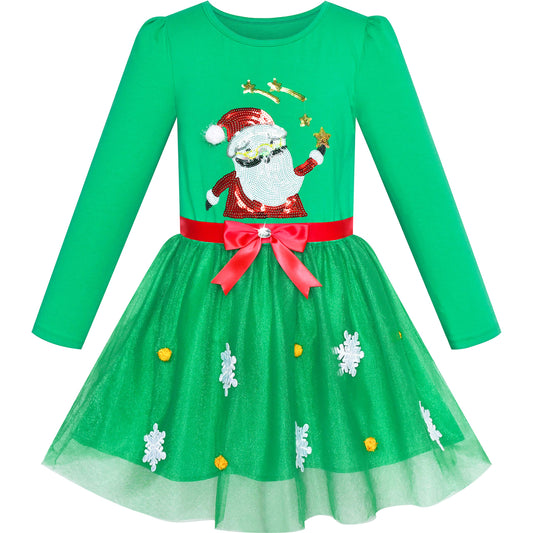 Sunny Fashion Girls Dress Christmas Santa Snow Long Sleeve Holiday Dress Size 7
