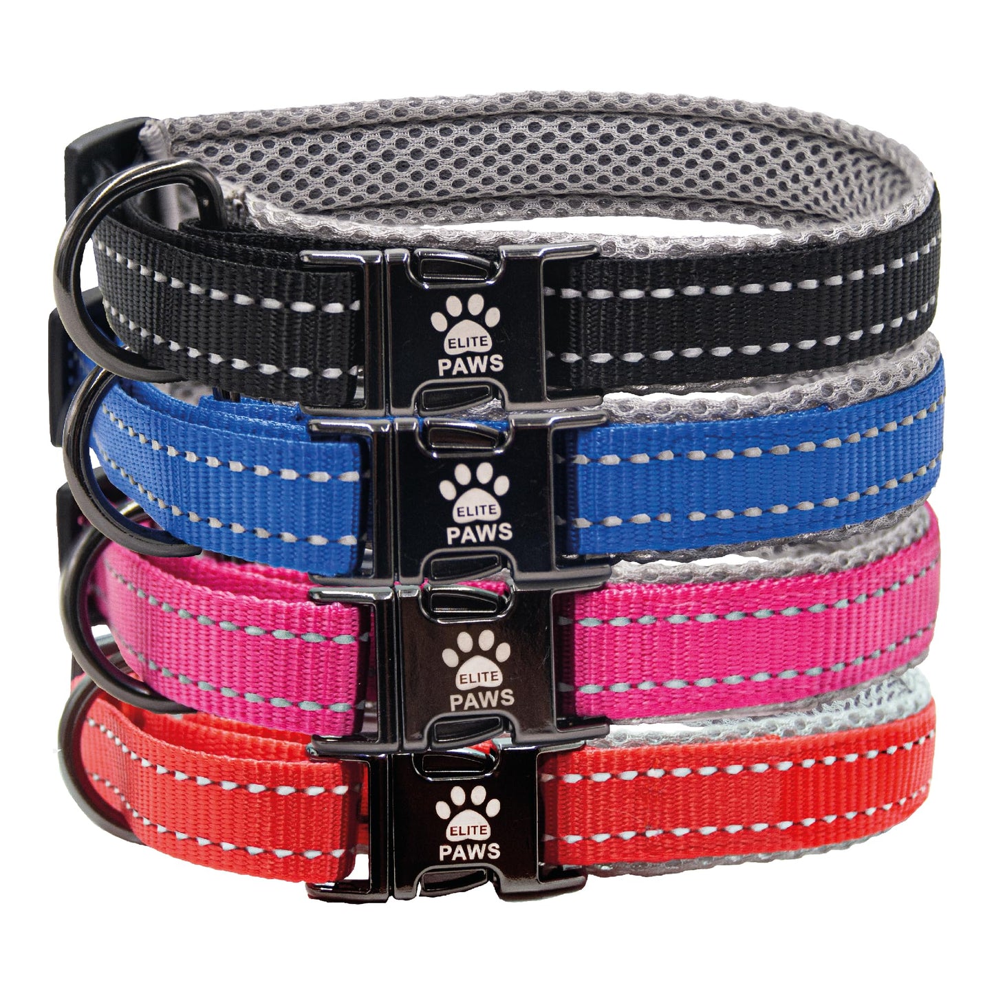 Elite Paws™ UK: Premium Metal Buckle Dog Collar, Strong, Safe, Padded, Comfortable, Reflective, Adjustable, Secure Fit with Metal Lead Attachment, Puppy Walking/Training Product (30cm-35cm, Blue/Grey)